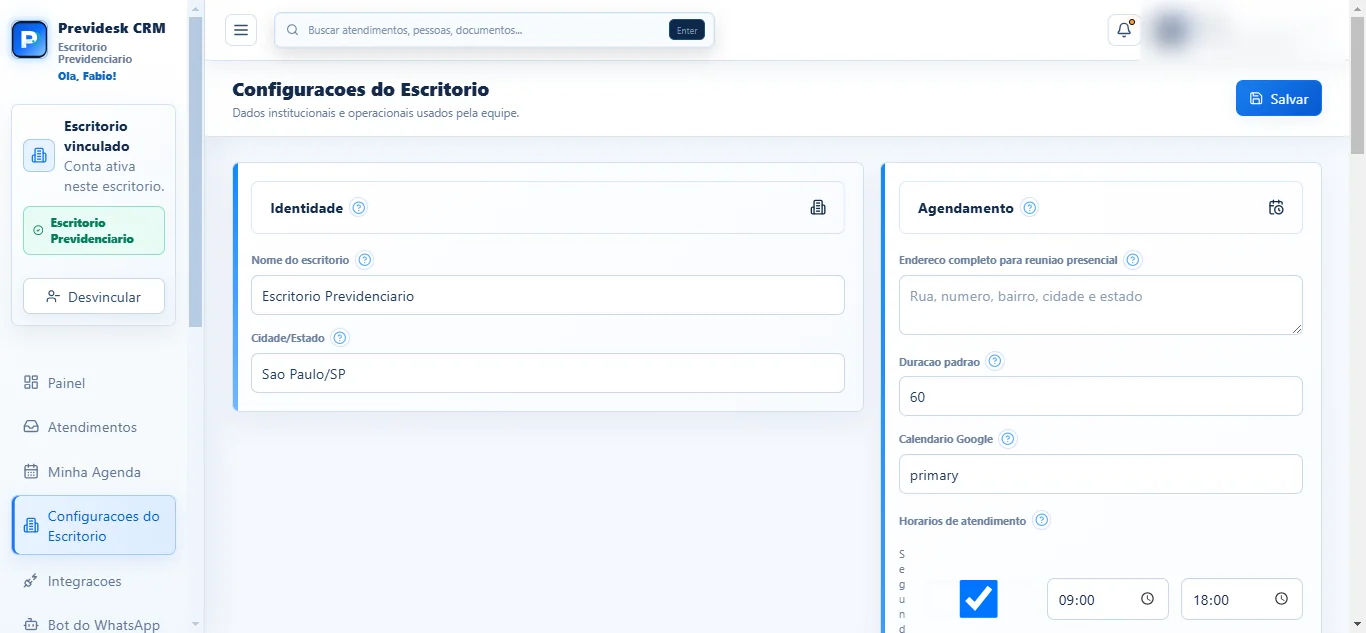 Configurações do Escritório com identidade e agendamento