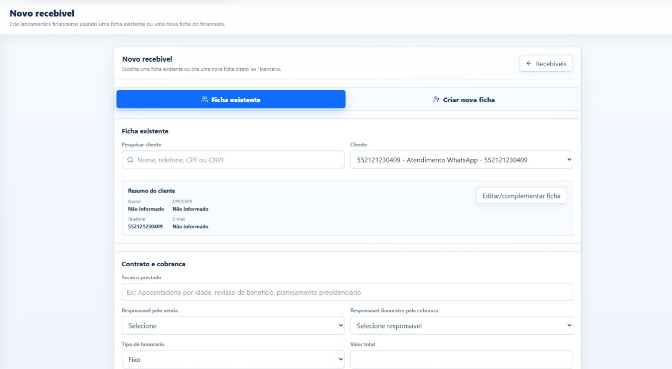 Tela de novo recebível para contrato e cobrança