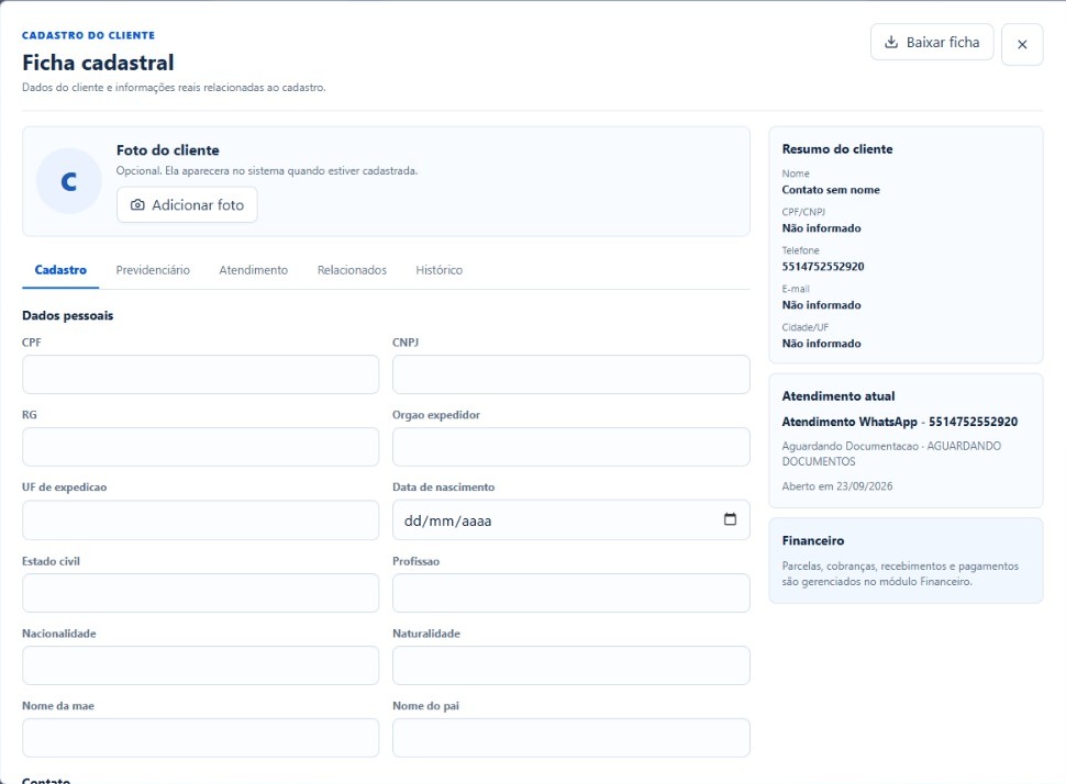 Ficha cadastral do cliente no Previdesk