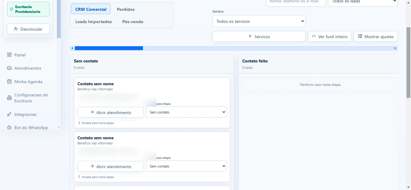 CRM Comercial com etapas do funil