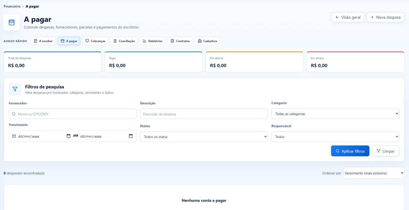 Tela de Contas a pagar com filtros e indicadores