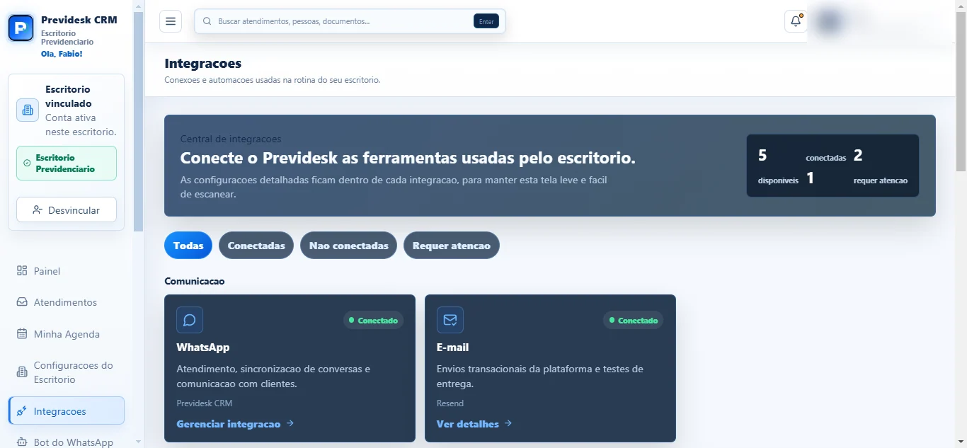 Central de Integrações com WhatsApp e e-mail