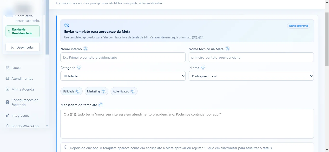 Tela de criação de template WhatsApp