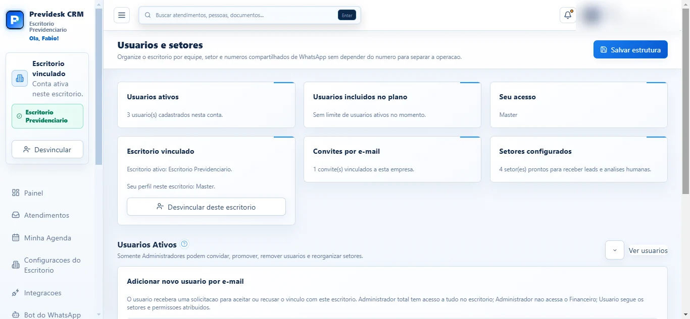 Tela de usuários e setores do escritório